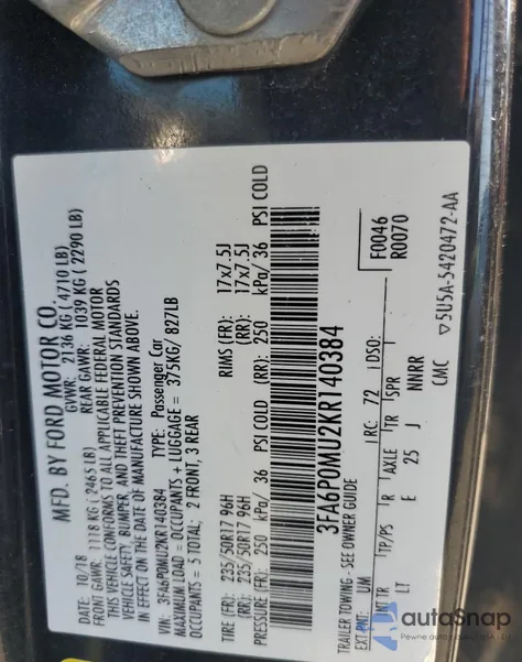 2019 Ford Fusion Sel z USA, uszkodzony, nr VIN 3FA6P0MU2KR140384